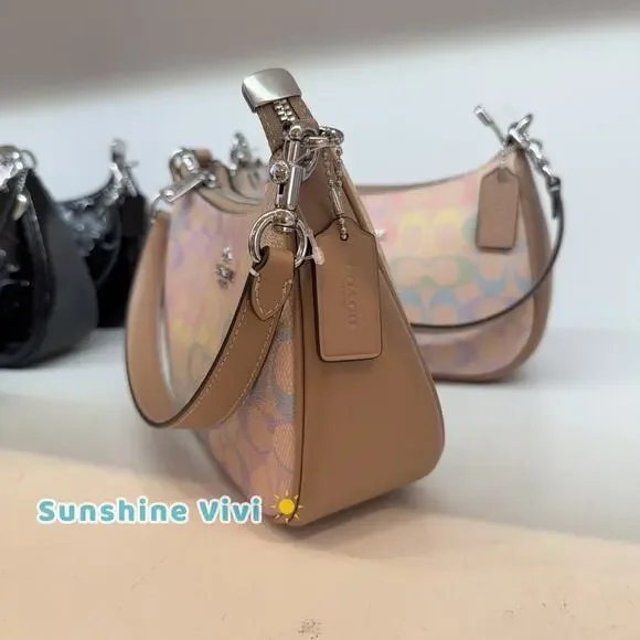 NWT Coach Teri Shoulder Bag In Rainbow Signature Canvas CDA91 Sand Multi